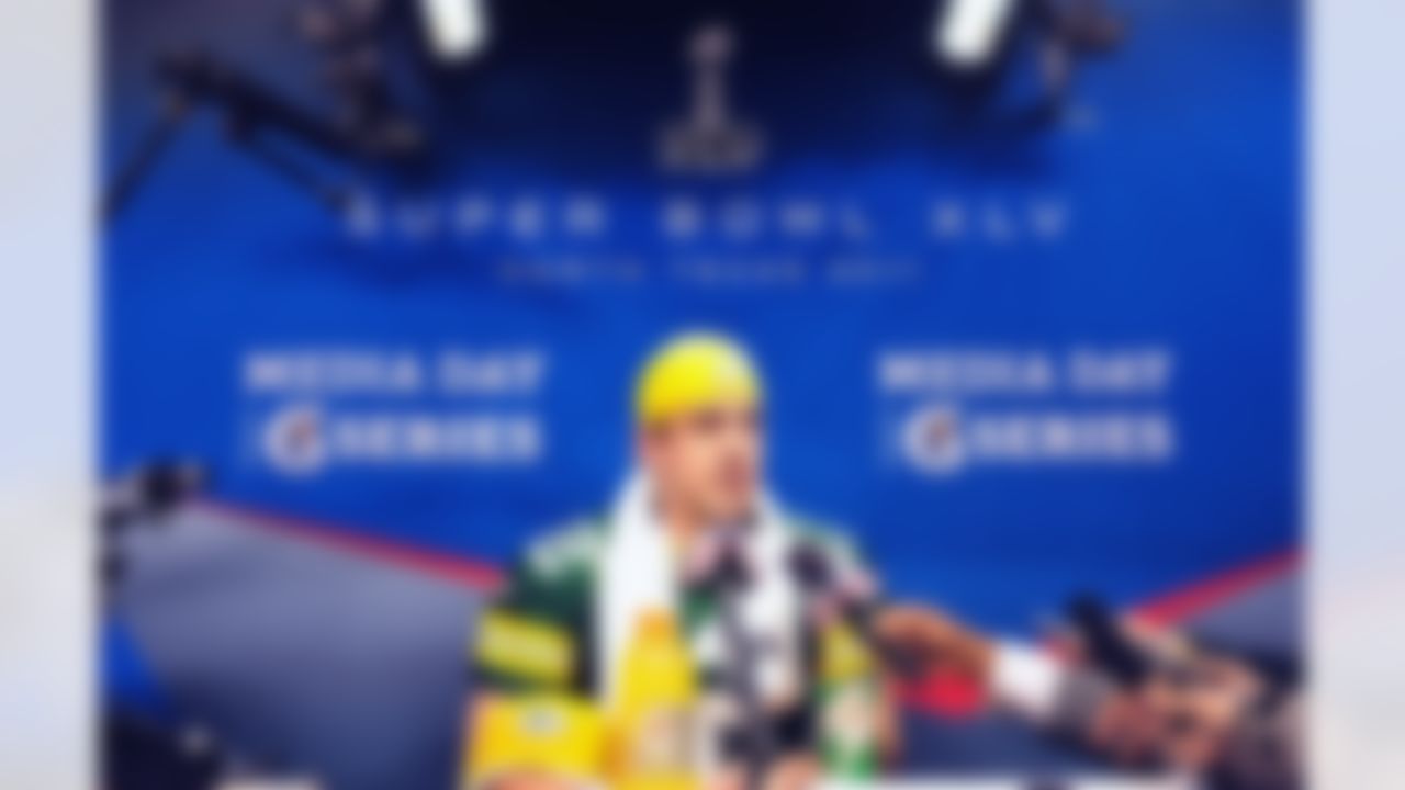 Green Bay Packers quarterback Aaron Rodgers speaks during Media Day at Cowboys Stadium in Arlington, Texas on February 1, 2011. (Gary A. Vasquez/NFL)