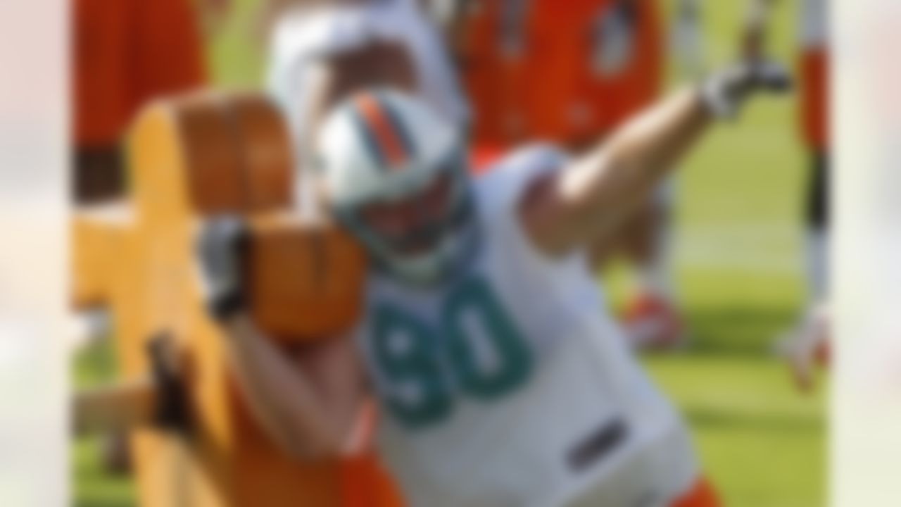 Miami Dolphins' Ryan Baker practices during NFL football training camp in Davie, Fla., Friday, July 27, 2012. (AP Photo/Alan Diaz)