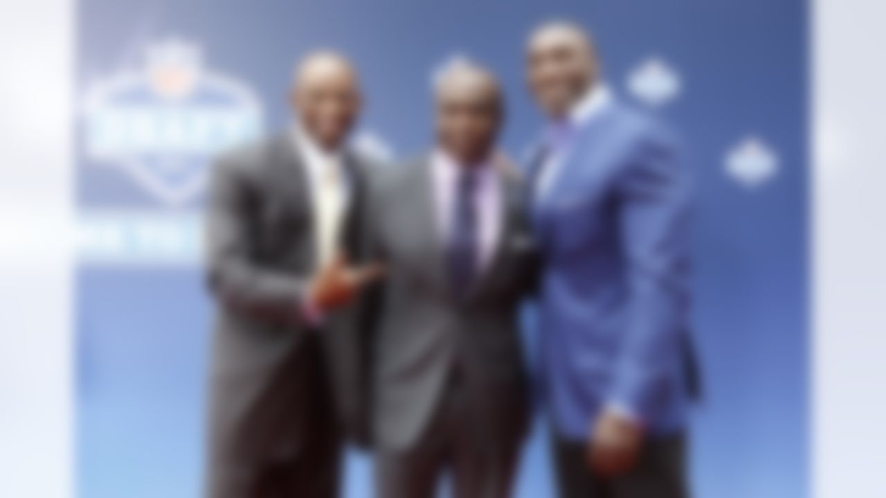 Deion Sanders, Marshall Faulk and Shannon Sharpe during the 2011 NFL Draft Red Carpet arrival at Radio City Music Hall on April 28, 2011 in New York, NY. (Ben Liebenberg/NFL)