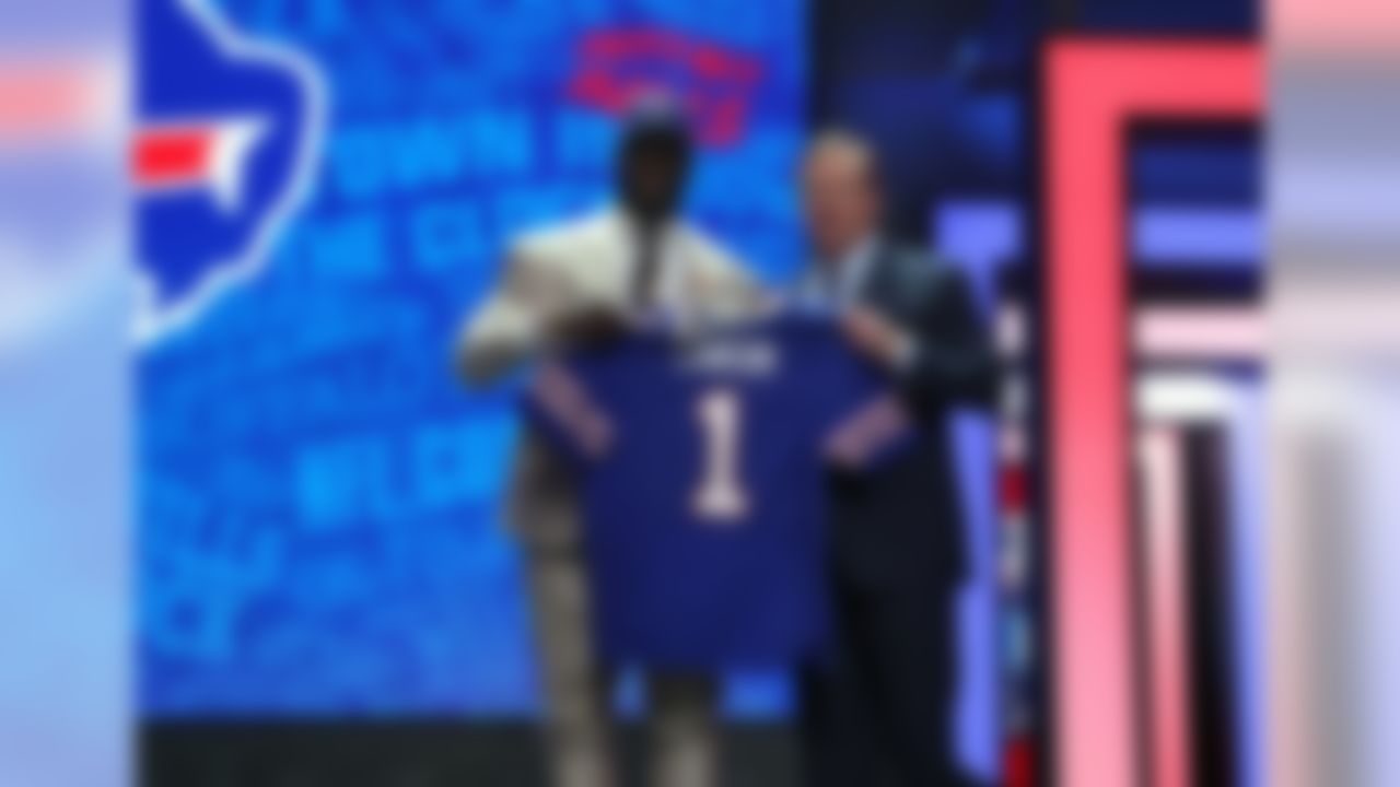Clemson defensive end Shaq Lawson holds up his jersey with NFL Commissioner Roger Goodell after being drafted by the Buffalo Bills during the 2016 NFL Draft at the Auditorium Theatre on Thursday, April 28, 2016 in Chicago. (Perry Knotts/NFL)