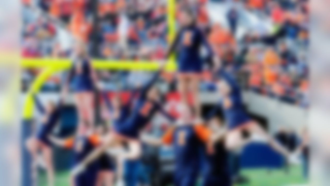 Illinois Fighting Illini cheerleaders after a touchdown by the Illini during the first half against the Indiana Hoosiers at Memorial Stadium. Mandatory Credit: Reid Compton-USA TODAY Sports