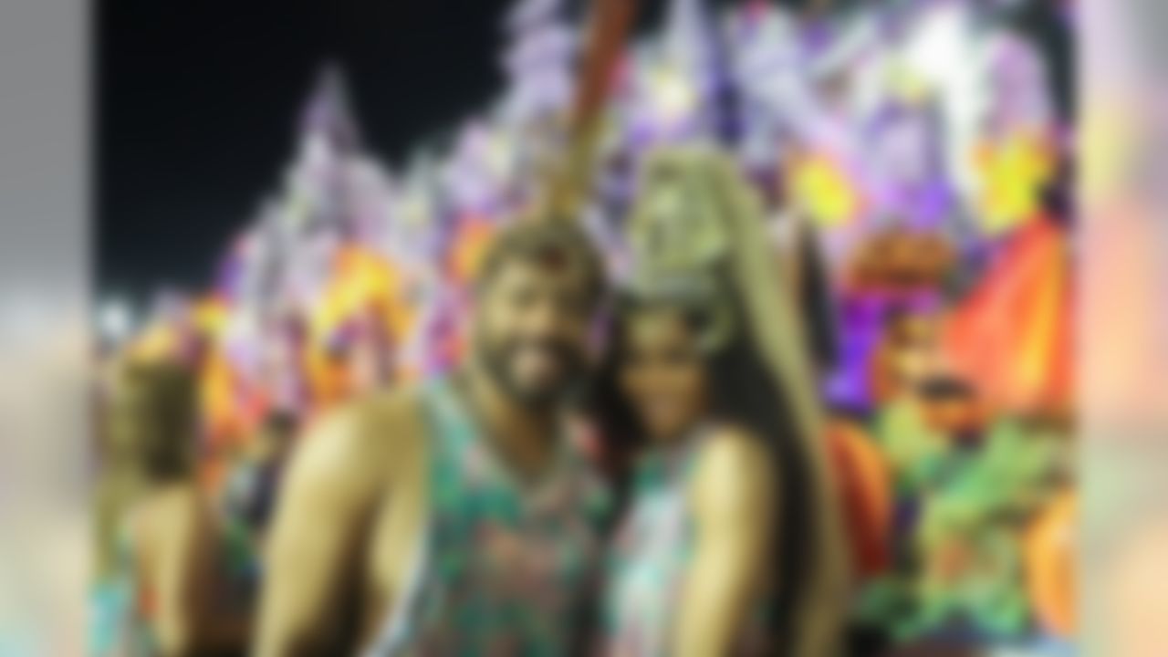 Seattle Seahawks quarterback Russell Wilson and Ciara pose for a photo as they celebrate at Carnival on Sunday, March 3, 2019 in Rio De Janeiro, Brazil.