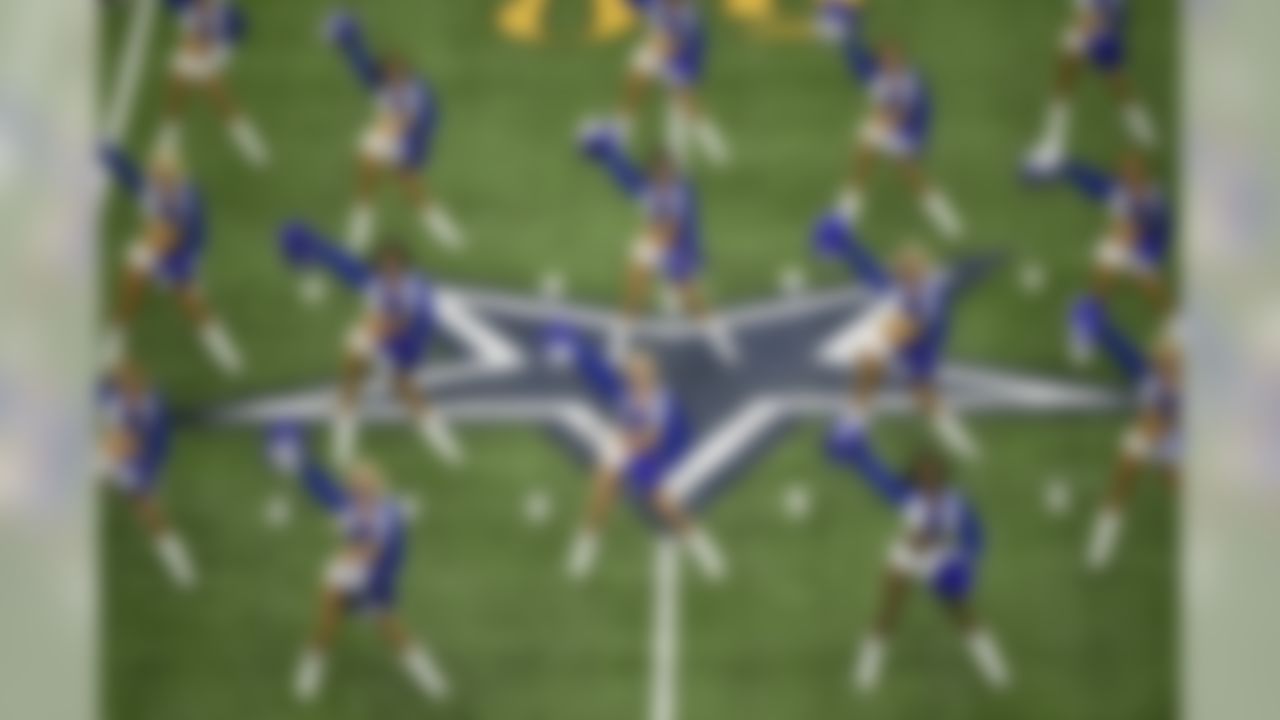 Dallas Cowboys cheerleaders perform before an NFL football game against the New York Giants, Sunday, Sept. 13, 2015, in Arlington, Texas. (AP Photo/Michael Ainsworth)