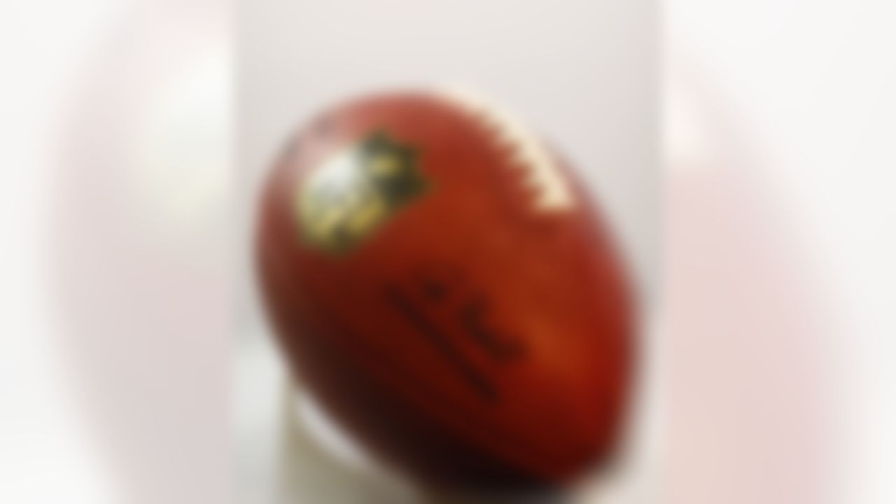 The Wilson "The Duke" football is the official football of the NFL. The "Duke" nickname is in honor of the late New York Giants owner, Wellington Mara. Each ball is signed by Commissioner Roger Goodell. (AP Photo/Kevin Terrell)