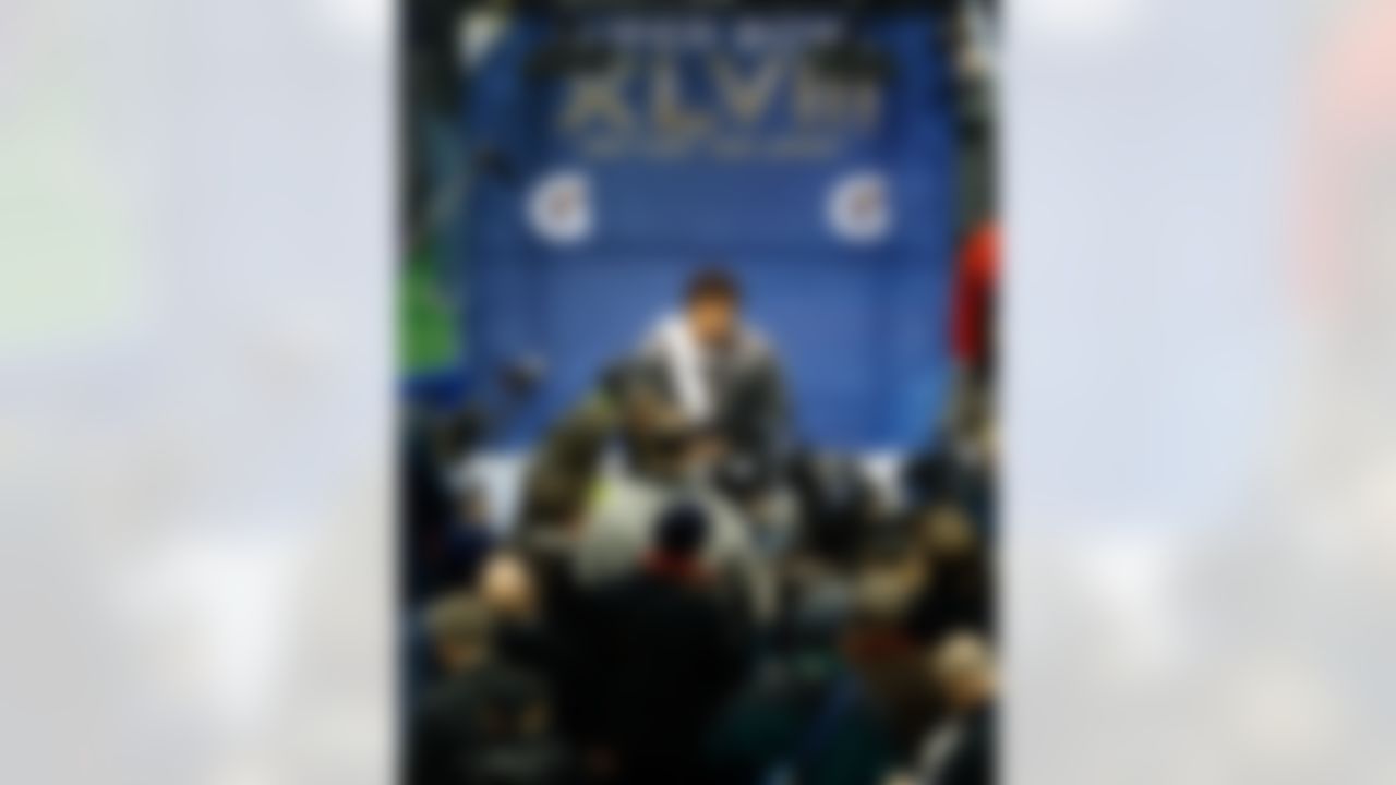 Seattle Seahawks quarterback Russell Wilson speaks during the Super Bowl XLVIII Media Day at the Prudential Center on Tuesday, January 28, 2014 in Newark, NJ. (Perry Knotts/NFL)