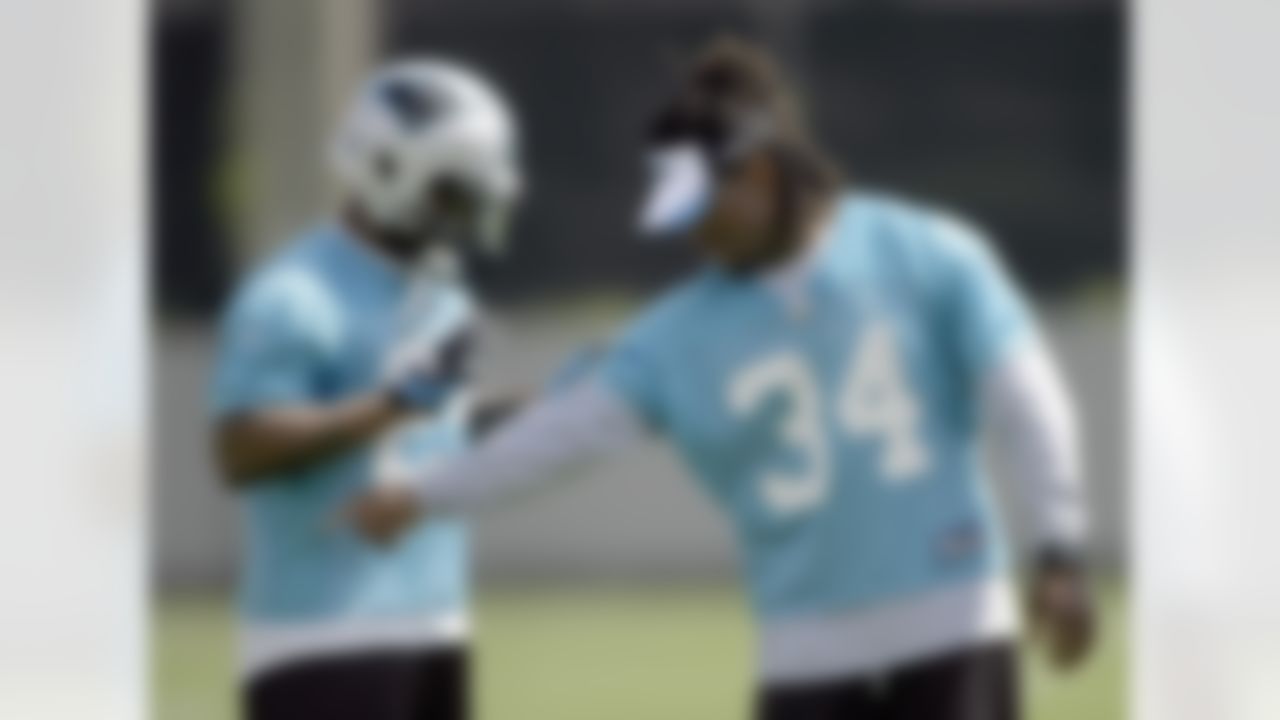 Carolina Panthers' running back DeAngelo Willliams (34) gives some pointers to Tyrell Sutton, left, during rookie football mini-camp on Saturday, May 1, 2010 in Charlotte, N.C. (AP Photo/Rick Havner)