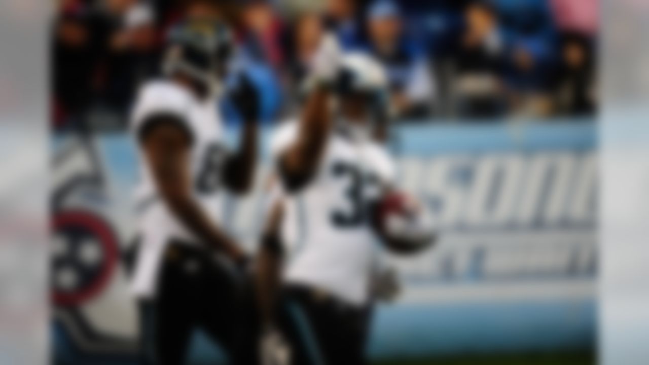 Running back Maurice Jones-Drew of the Jacksonville Jaguars celebrates a touchdown during an NFL football game against the Tennessee Titans on Sunday November 1, 2009 in Nashville, TN. The Titans defeated the Jaguars 30-13. (AP Photo/Jim Mahoney)