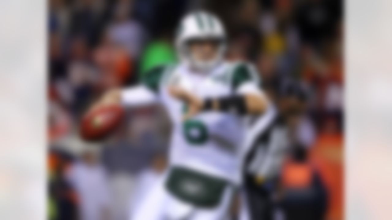 New York Jets quarterback Mark Sanchez (6) throws the ball during an NFL football game against the Denver Broncos at Sports Authority Field at Mile High Stadium in Denver, Co., on Thursday, Nov. 17, 2011. The Broncos defeated the Jets 17-13. (Ben Liebenberg/NFL)