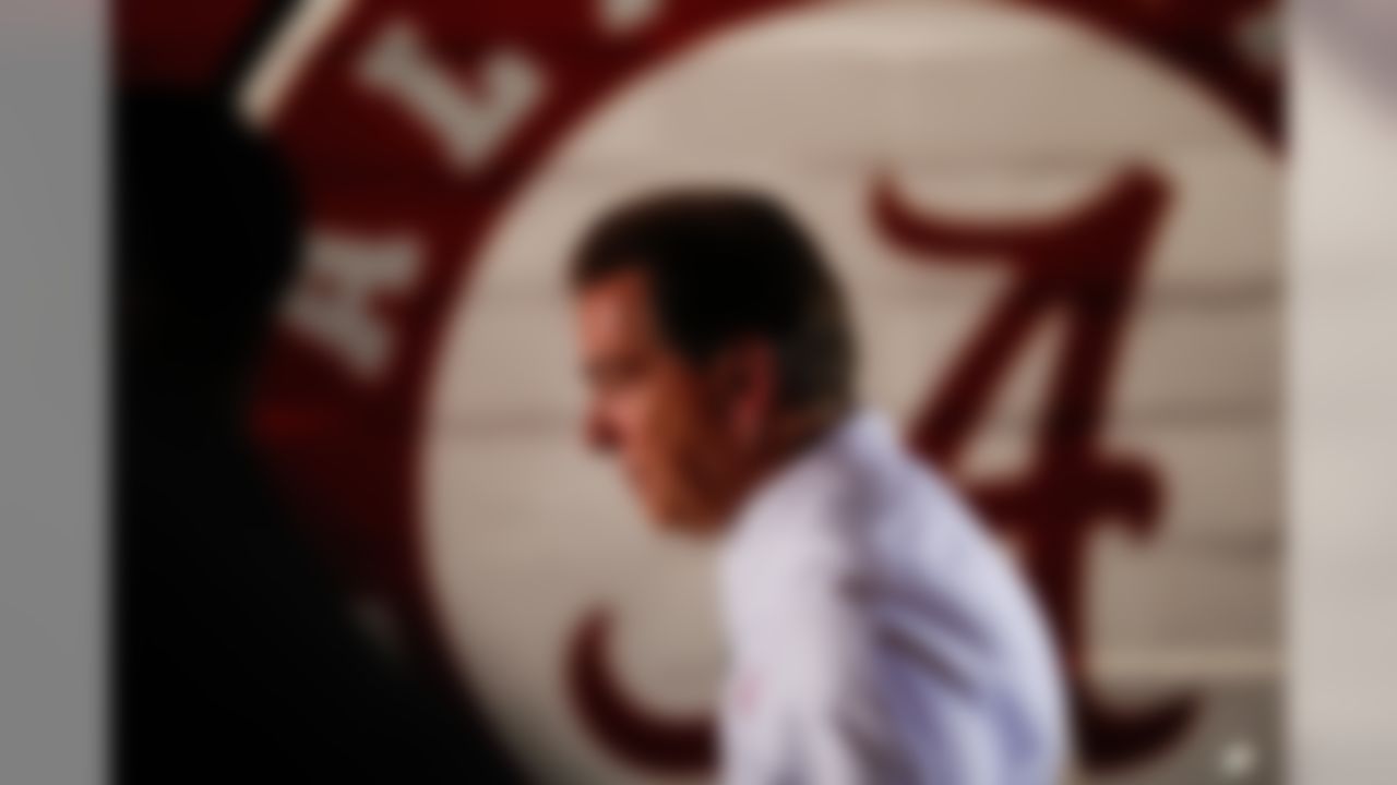 Alabama Crimson Tide head coach Nick Saban walks to the field. Saban has won six national championships: LSU 2003; Alabama 2009, 2011, 2012, 2015, 2017.