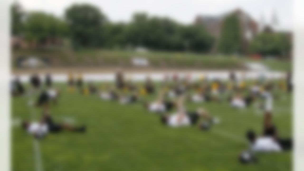 Pittsburgh Steelers players stretch as they start practice at the NFL football training camp in Latrobe, Pa., Thursday, July 26, 2012. (AP Photo/Keith Srakocic)