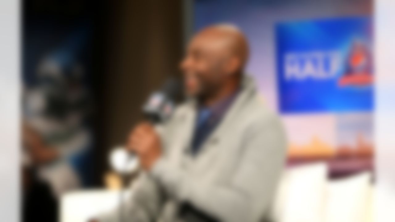 San Francisco 49ers Hall of Fame wide receiver Jerry Rice speaks on the NFL Network's NFL AM set on Radio Row at the Super Bowl XLVIII media center in the Sheraton Hotel on Thursday, January 30, 2014 in New York, NY. (Ben Liebenberg/NFL)