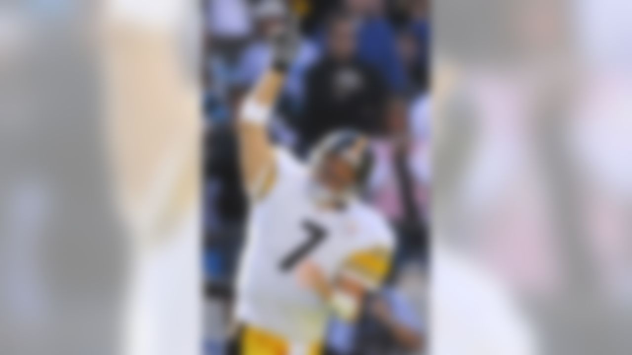CHARLOTTE, NC - DECEMBER 17: Ben Roethlisberger #7 of the Pittsburgh Steelers reacts after scoring a touchdown against the Carolina Panthers on December 17, 2006 at Bank of America Stadium in Charlotte, North Carolina. Photo by Getty Images.