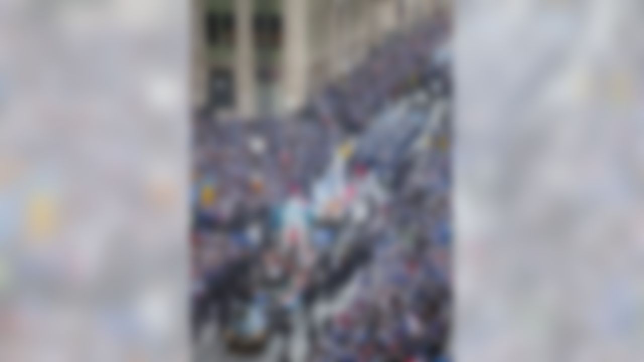 The New York Giants motorcade of floats make their way during the team's NFL football Super Bowl parade in New York, Tuesday, Feb. 7, 2012. The Giants returned from their Super Bowl win to a celebration the likes that only New York can throw: a ticker-tape parade in the Canyon of Heroes on Broadway, where the city has honored stars for almost a century.(AP Photo/Mark Lennihan)