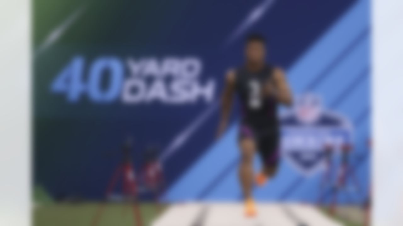 Penn State running back Saquon Barkley runs a 4.4 40-yard dash during the 2018 NFL Scouting Combine on Friday, March 2, 2018 in Indianapolis.
Saquon Barkley had 29 bench press reps and a 41" vertical leap at the Combine. The only player with 25+ bench press reps and a 40+ inch vertical at the 2017 Combine was eventual #1 overall pick DE Myles Garrett (33 reps, 41" vertical), pre NFL Research.