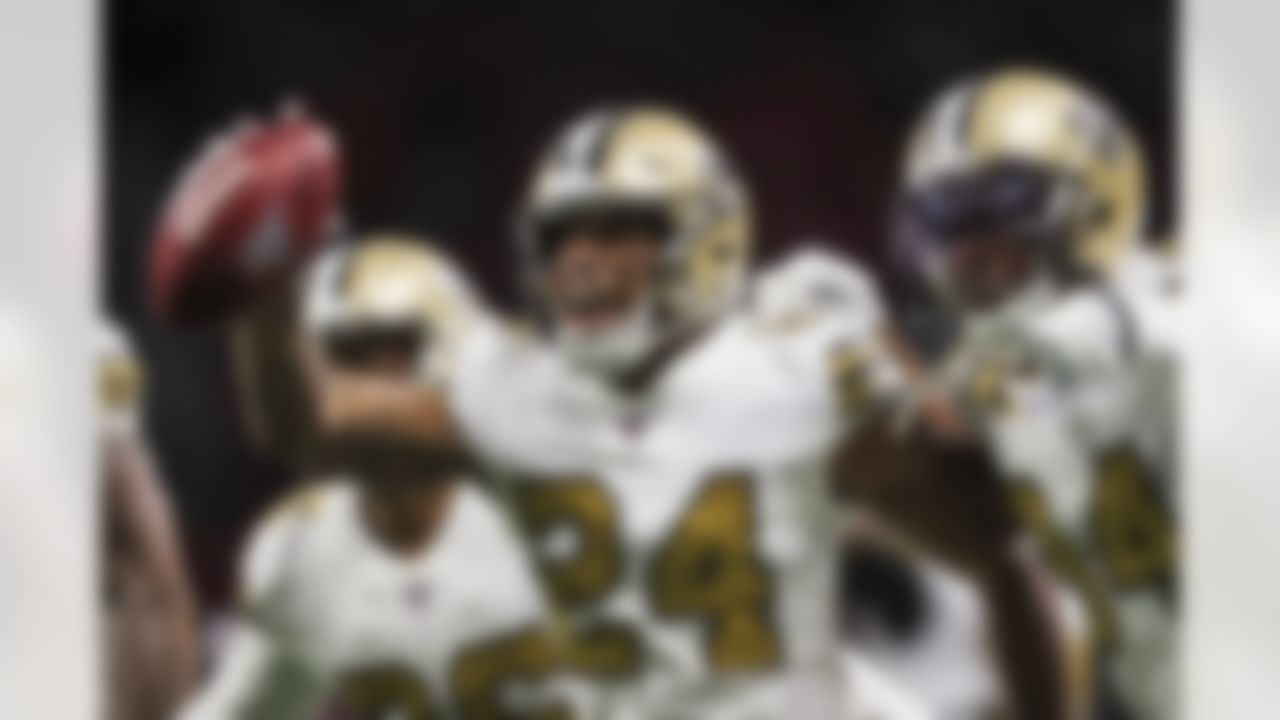 New Orleans Saints strong safety Vonn Bell (24) with a turnover during an NFL football game against the Atlanta Falcons, Thursday, Nov. 28, 2019 in Atlanta.