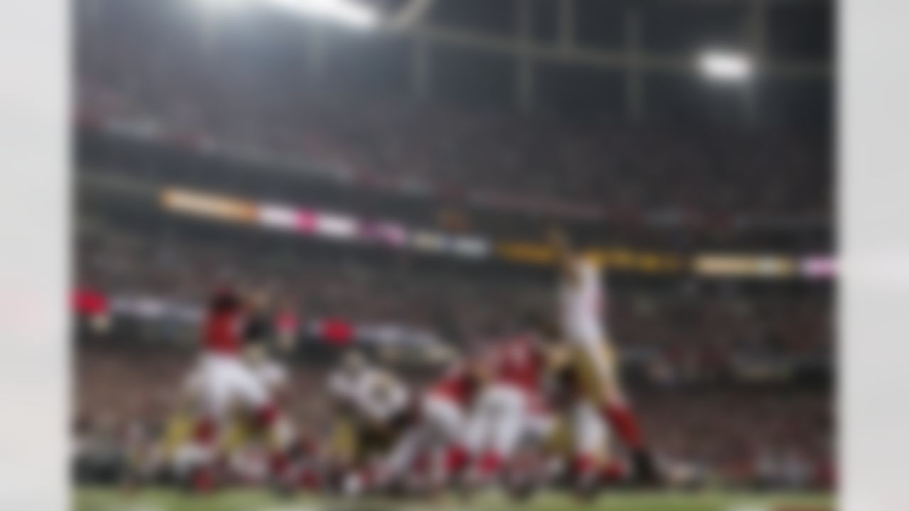 San Francisco 49ers outside linebacker Ahmad Brooks (55) blocks a pass thrown by Atlanta Falcons quarterback Matt Ryan (2) during the NFC Championship playoff football game at the Georgia Dome on Sunday, Jan. 20, 2013 in Atlanta. The San Francisco 49ers won 28 - 24 to advance to Super Bowl XLVII. (Perry Knotts/NFL)