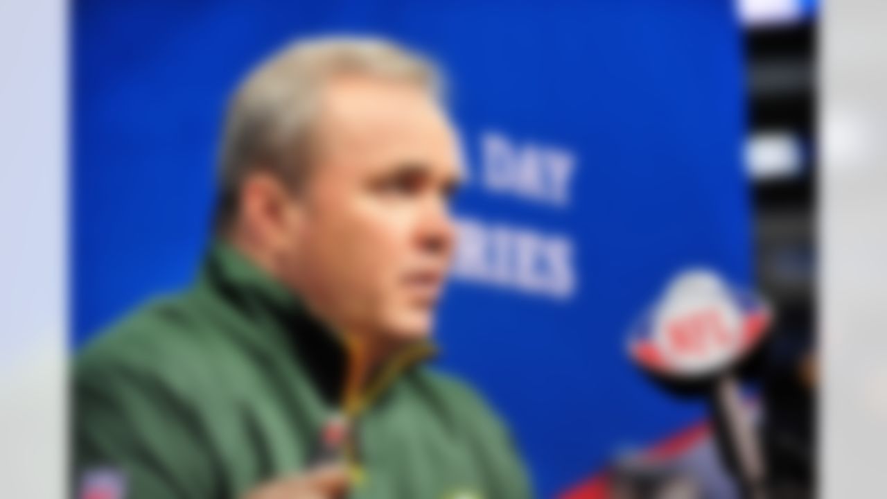 Green Bay Packers head coach Mike McCarthy speaks during Media Day at Cowboys Stadium in Arlington, Texas on February 1, 2011. (Gary A. Vasquez/NFL)