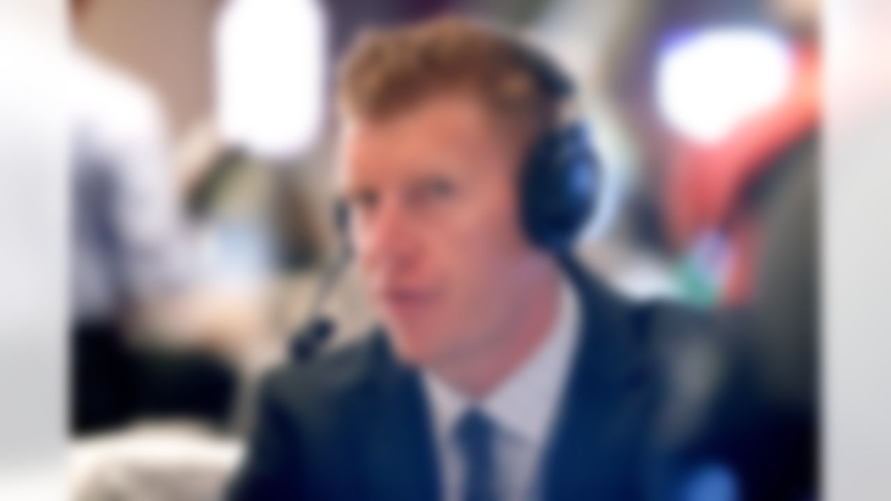 Former Baltimore Ravens center Matt Birk is interviewed on Radio Row at the Super Bowl XLVIII media center in the Sheraton Hotel on Thursday, January 30, 2014 in New York, NY. (Perry Knotts/NFL)