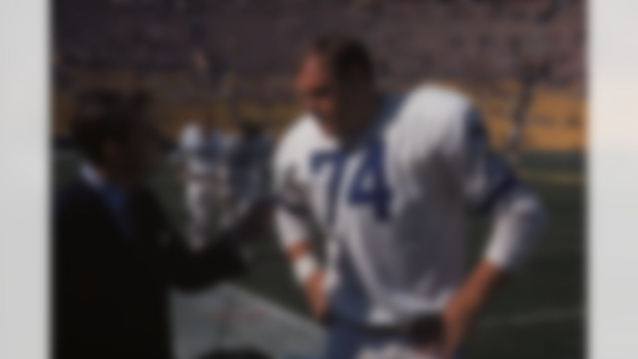 LOS ANGELES - JANUARY 21: Los Angeles Rams defensive tackle Merlin Olsen #74 of the West All-Stars does an interview prior to playing against the East All-Stars in the 1968 NFL Pro Bowl on January 21, 1968 at the Los Angeles Memorial Coliseum in the Los Angeles, California. The West defeated the East 38-20. (AP Photo/NFL Photos)