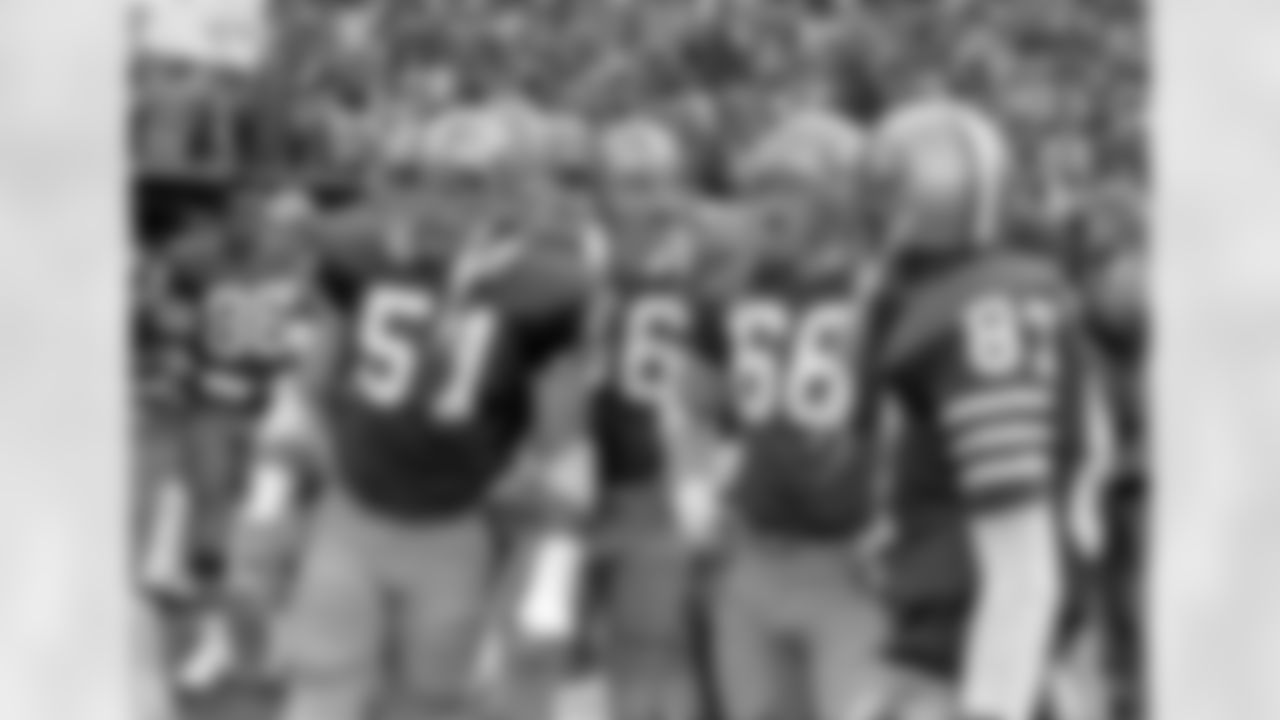 List of players (88) Freddie Solomon, (51) Randy Cross, (56) Fred Quillan, (68) John Ayers and (87) Dwight Clark during the NFC Championship game at Candlestick Park in San Fransisco on January 10, 1982. (AP Photo/Al Golub)