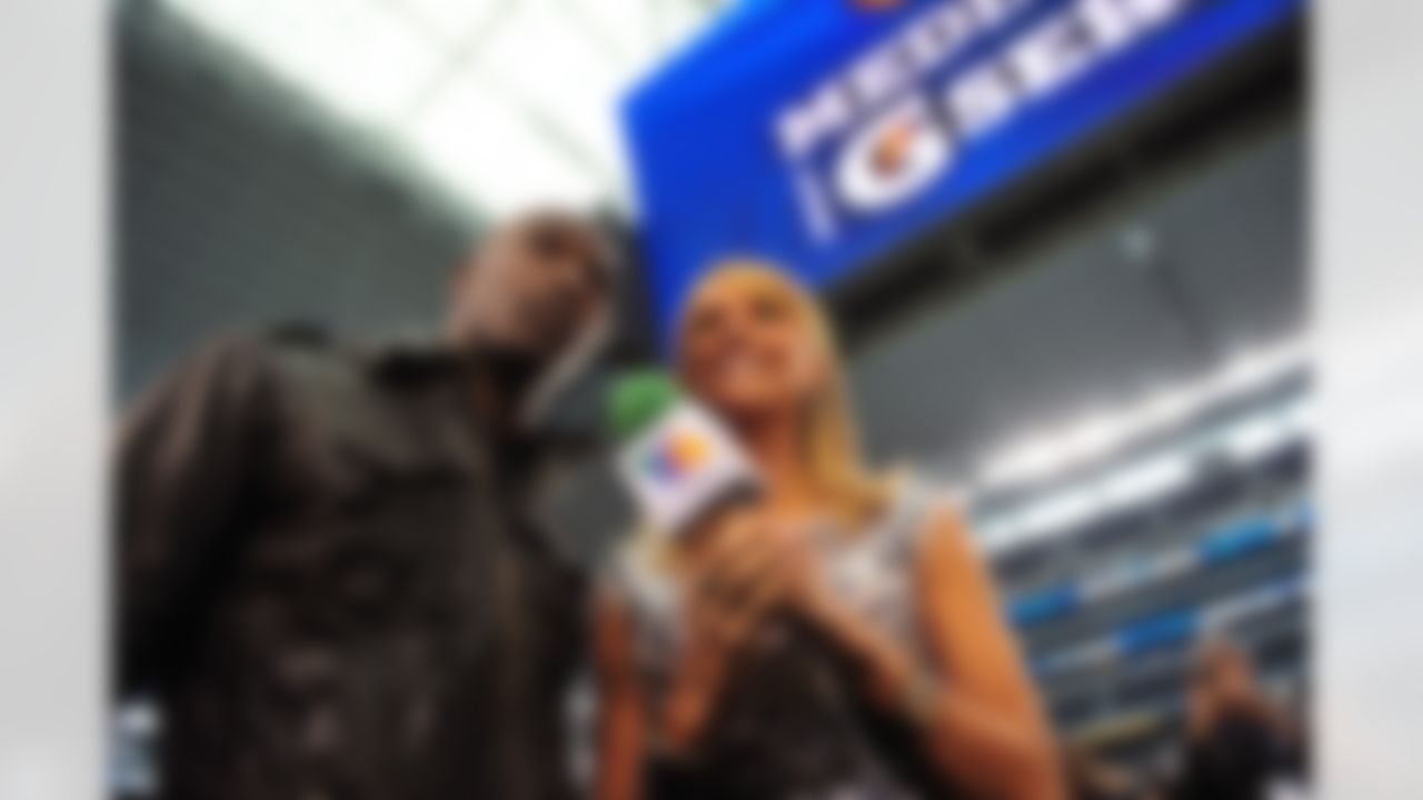 Cinncinatti Bengals wide receiver Chad Ochocinco is interviewed by TV Azteca reporter Ines Sainz during Green Bay Packers during Media Day at Cowboys Stadium in Arlington, Texas on February 1, 2011. (Gary A. Vasquez/NFL)
