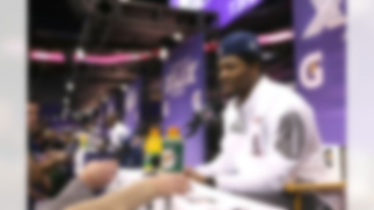 New England Patriots outside linebacker Jamie Collins speaks during Media Day for Super Bowl XLIX at the U.S. Airways Center on Tuesday, January 27, 2015 in Phoenix, AZ. (Perry Knotts/NFL)