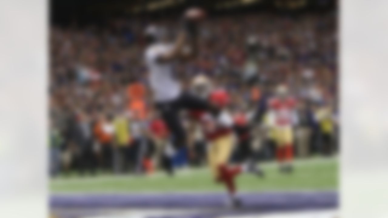 Wide receiver Anquan Boldin #81 of the Baltimore Ravens catches a touchdown pass against safety Donte Whitner #31 of the San Francisco 49ersduring Super Bowl XLVII at the Mercedes-Benz Superdome in New Orleans, LA on Sunday, February 3, 2013. (Ben Liebenberg/NFL)