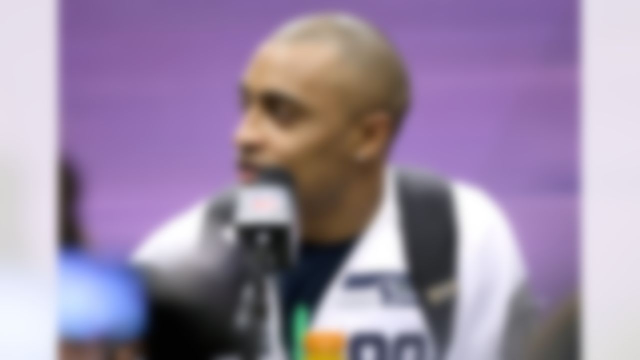 Seattle Seahawks wide receiver Doug Baldwin (89) speaks with reporters during Media Day for Super Bowl XLIX at the U.S. Airways Center on Tuesday, January 27, 2015 in Phoenix, AZ. (Ben Liebenberg/NFL)