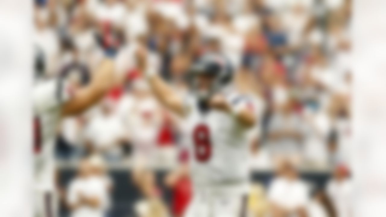 Houston Texans quarterback Matt Schaub (8) celebrates after throwing a touchdown pass during an NFL football game against the Tennessee Titans at Reliant Stadium on September 15, 2013 in Houston, Texas. Houston won 30-24. (Aaron M. Sprecher/NFL)