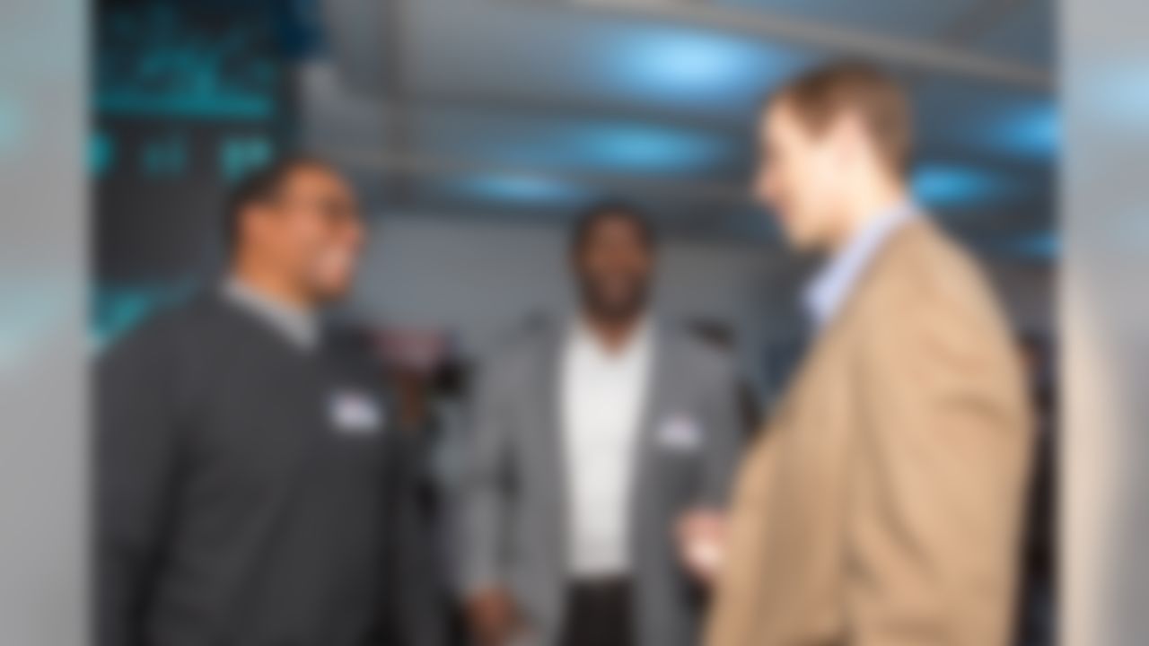 Former NFL players Hardy Nickerson, Roman Oben, and Patrick Kerney talk during the NFL Legends Homecoming game viewing party at Rockefeller Center on Sunday, Dec. 15, 2013 in New York, NY. (Allison Harrell/NFL)