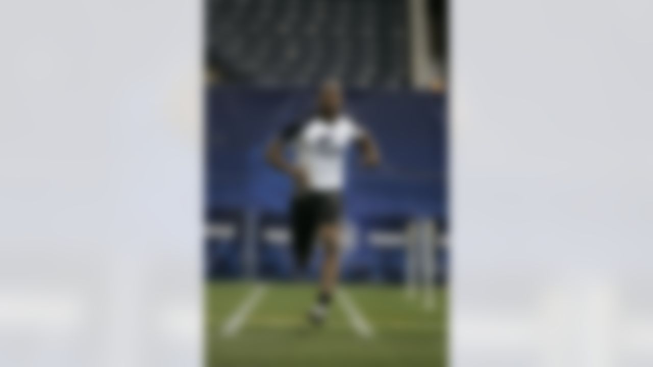 Defensive back Aqib Talib of Kansas runs the 40-yard dash at the NFL Combine in Indianapolis, Tuesday, Feb. 26, 2008. (AP Photo/Michael Conroy)