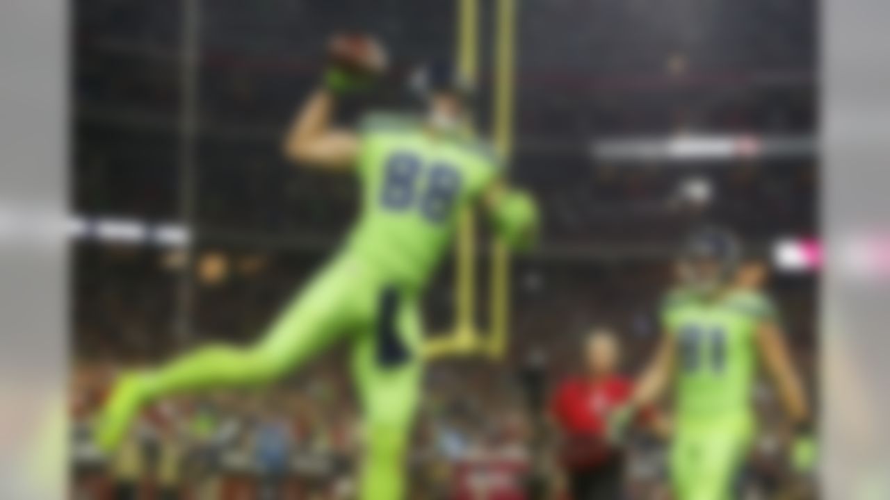 Seattle Seahawks tight end Jimmy Graham (88) celebrates after a touchdown during an NFL football game between the Arizona Cardinals and the Seahawks, Thursday, Nov. 9, 2017, in Glendale, Ariz. The Seahawks defeated the Cardinals, 22-16.