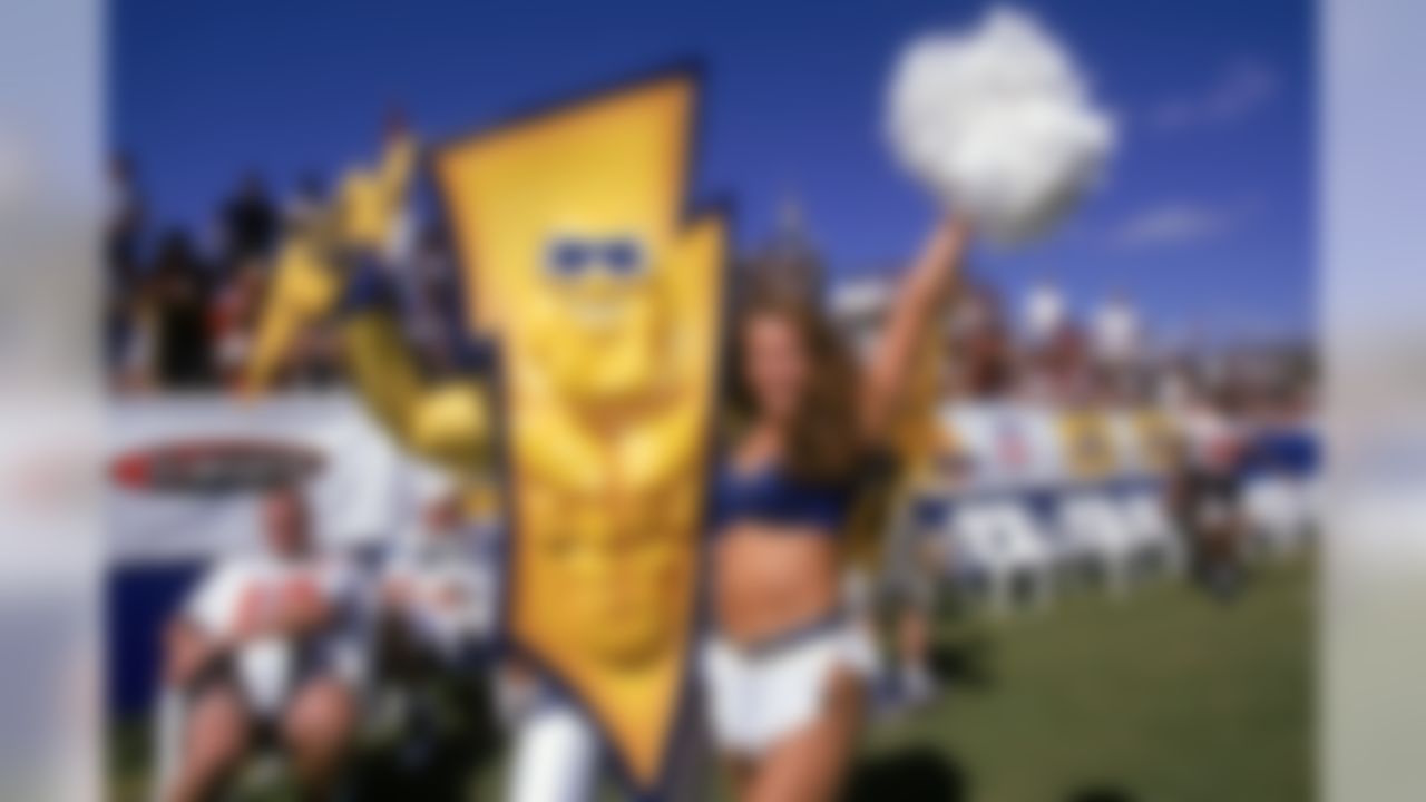 A San Diego cheerleader poses with charger mascot during the 1998 Pro Bowl in Honolulu, Hawaii. (AP Photo/David Stluka)