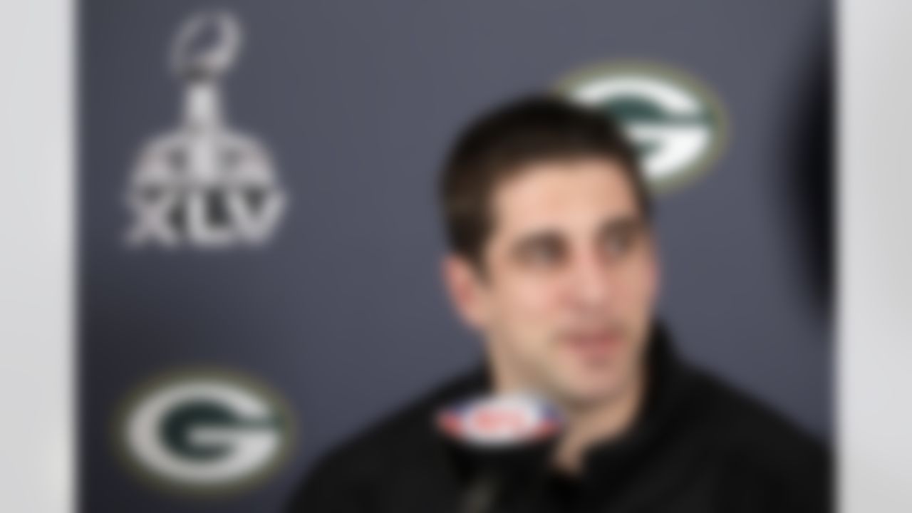 Green Bay Packers' Aaron Rodgers answers questions during an NFL football Super Bowl news conference, Monday, Jan. 31, 2011, in Irving, Texas. Green Bay will face the Pittsburgh Steelers in the NFL football Super Bowl XLV Sunday. (AP Photo/Eric Gay)