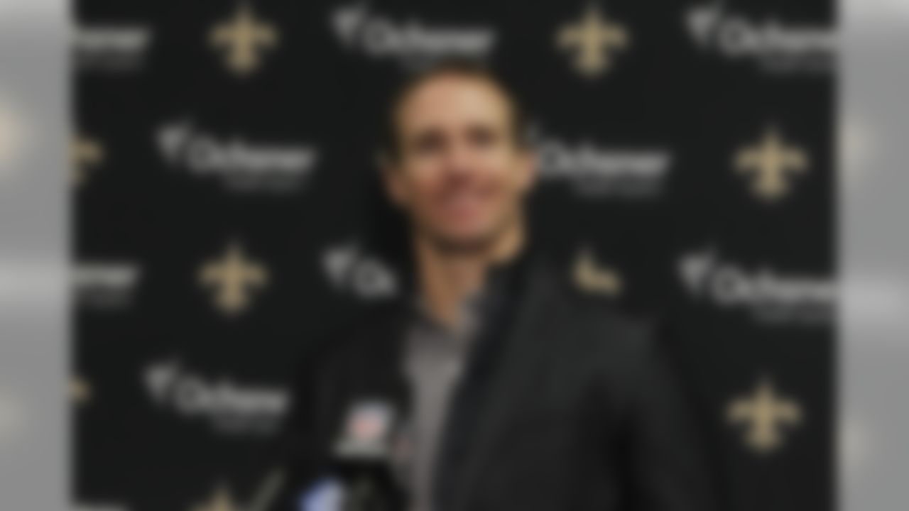 New Orleans Saints quarterback Drew Brees responds to questions during a news conference after an NFL football game against the Buffalo Bills Sunday, Nov. 12, 2017, in Orchard Park, N.Y. The Saints won 47-10.