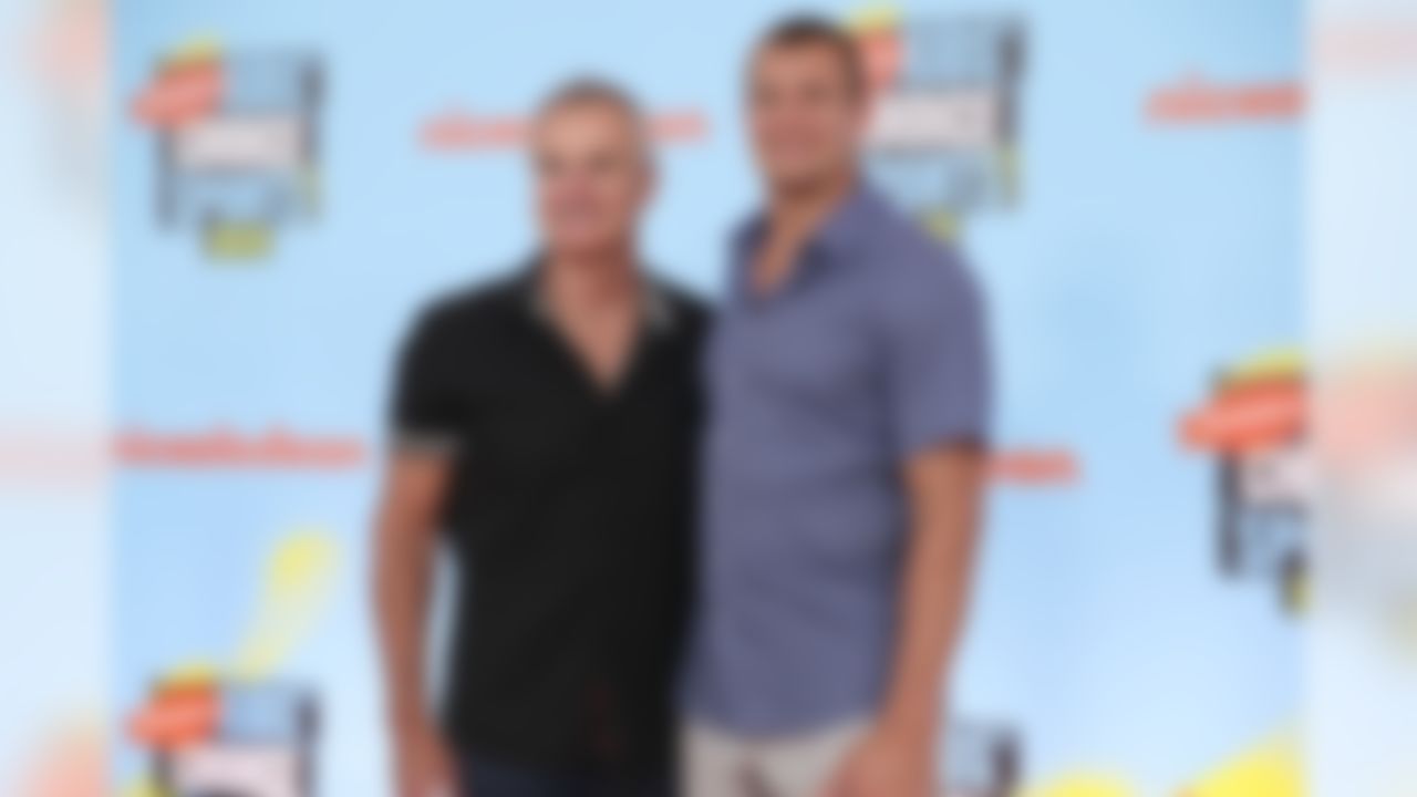 Former New England Patriots tight end Rob Gronkowski and his father, Gordon Gronkowski, arrive at the Nickelodeon Kids' Choice Sports Awards on Thursday, July 11, 2019 in Santa Monica, Calif.