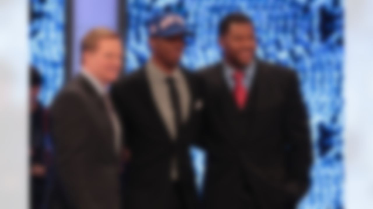Rueben Randle (C) poses with Commissioner Roger Goodell and former NFL player Michael Strahan after being selected by the New York Giants during the 2012 NFL Draft at Radio City Music Hall on April 27, 2012 in New York, NY. (Alix Drawec/NFL)