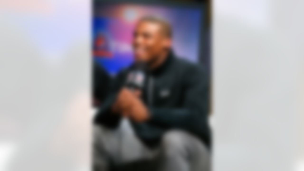 Carolina Panthers quarterback Cam Newton speaks on the NFL Network set on Radio Row at the Super Bowl XLVIII media center in the Sheraton Hotel on Thursday, January 30, 2014 in New York, NY. (Perry Knotts/NFL)