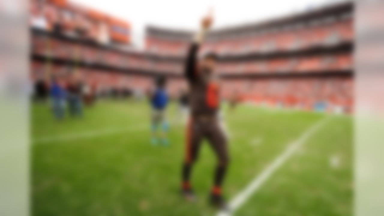 Browns quarterback Baker Mayfield (6) celebrates following Cleveland's 12-9 overtime victory over the Baltimore Ravens on Sunday.