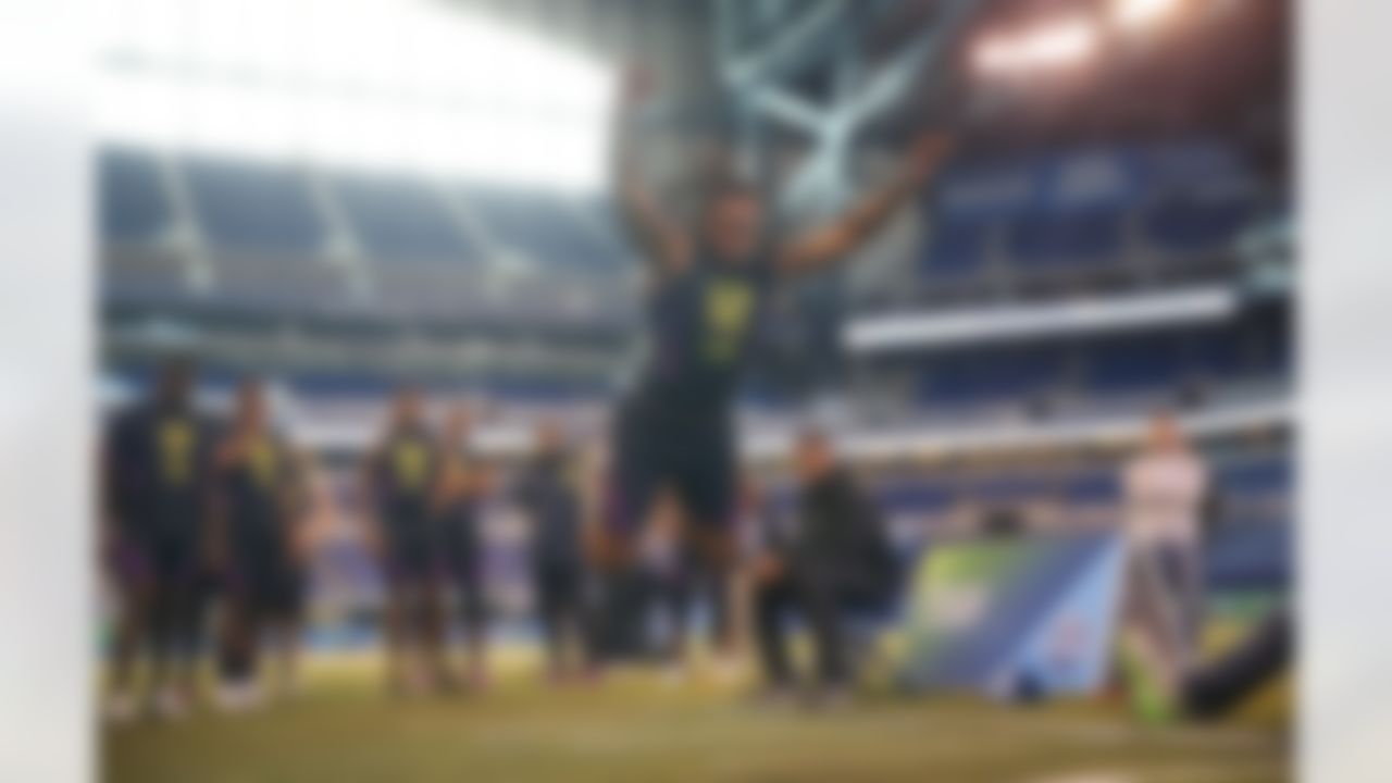 Virginia Tech linebacker Tremaine Edmunds participates in the broad jump during the 2018 NFL Scouting Combine on Sunday, March 4, 2018 in Indianapolis.