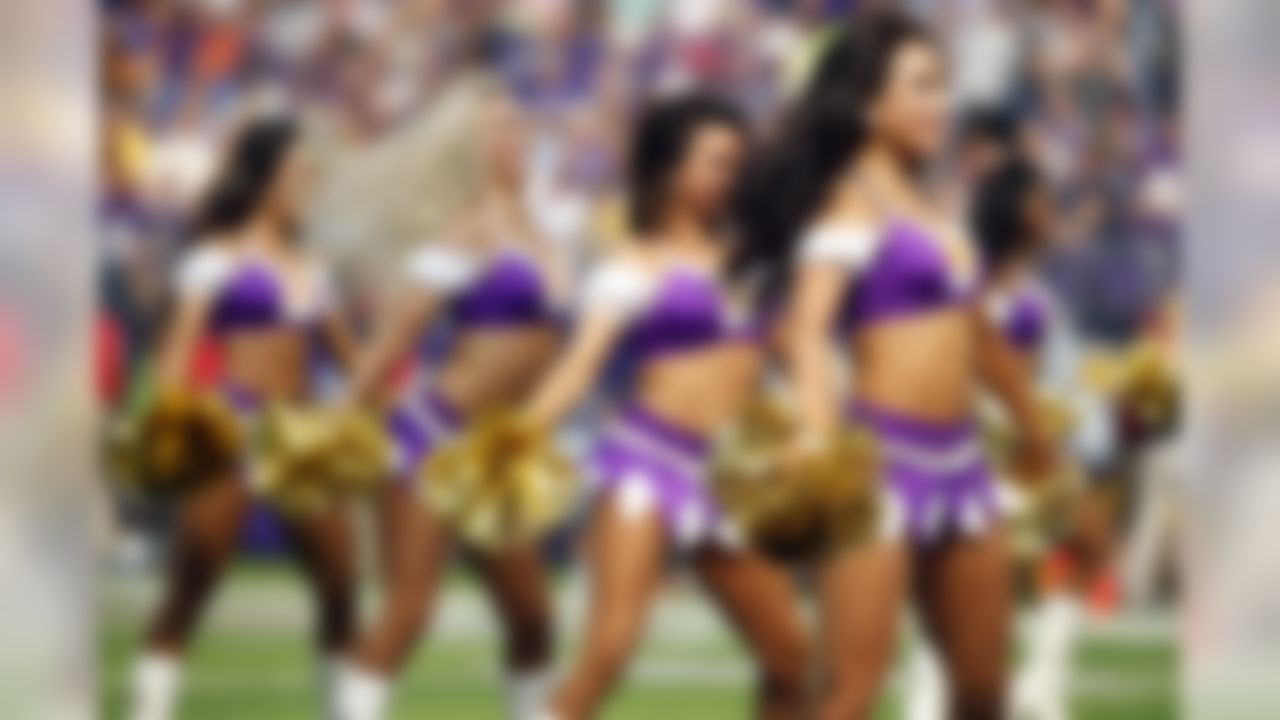 Minnesota Vikings cheerleaders perform during the first half of an NFL football game against the Tampa Bay Buccaneers, Sunday, Sept. 24, 2017, in Minneapolis.