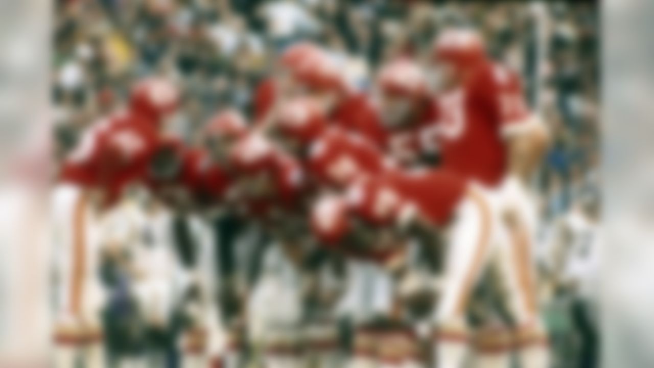 Pro Football Hall of Fame and Kansas City Chiefs quarterback Len Dawson (16) calls the play in the huddle during the Chiefs 23-7 victory over the Vikings in Super Bowl IV on January 11, 1970 at Tulane Stadium in New Orleans Louisiana. (National Football League)
