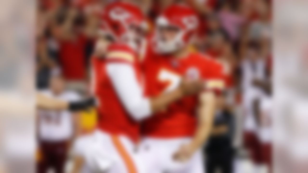 Kansas City Chiefs punter Dustin Colquitt (2) celebrates with Kansas City Chiefs kicker Harrison Butker (7) after his game-winning field goal during an NFL regular season game against the Washington Redskins on Monday, Oct. 2, 2017 in Kansas City, Mo. Kansas City won 29-20.