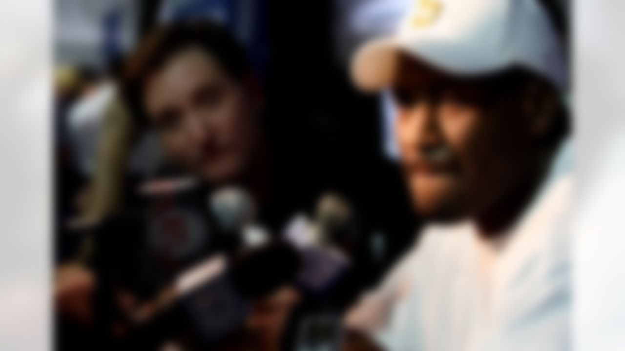 James Harrison speaks with the the media at the Pittsburgh Steelers arrival press conference in Tampa, Florida on January, 26, 2009. (Photo by Ben Liebenberg/NFL.com)