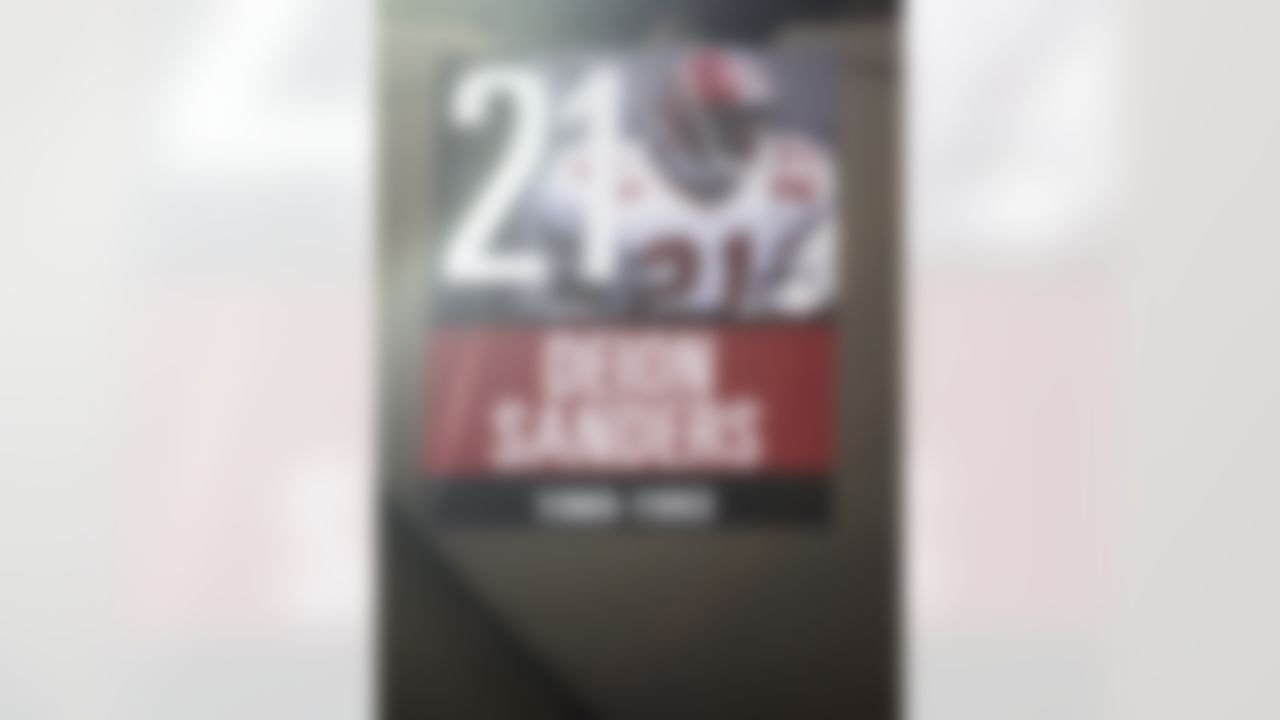 A banner honoring Deion Sanders hangs in the rafters of the Georgia Dome during an NFL football game between the Baltimore Ravens and Atalanta Falcons, Thursday, November 11, 2010. The Falcons won the game, 26-21. (Ben Liebenberg/NFL)
