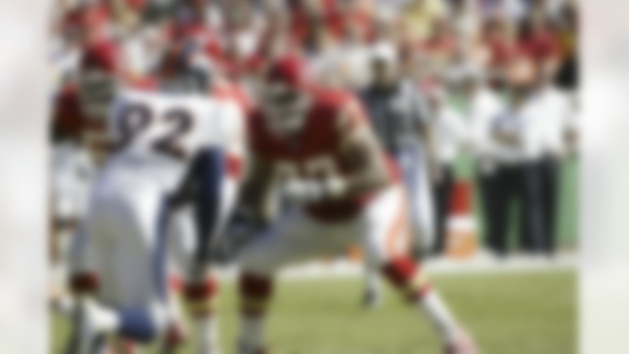 Offensive tackle Willie Roaf of the Kansas City Chiefs prepares to make a block in a 24-23 win against the Denver Broncos on October 5, 2003 at Arrowhead Stadium in Kansas City, Missouri. (AP Photo/G. Newman Lowrance)