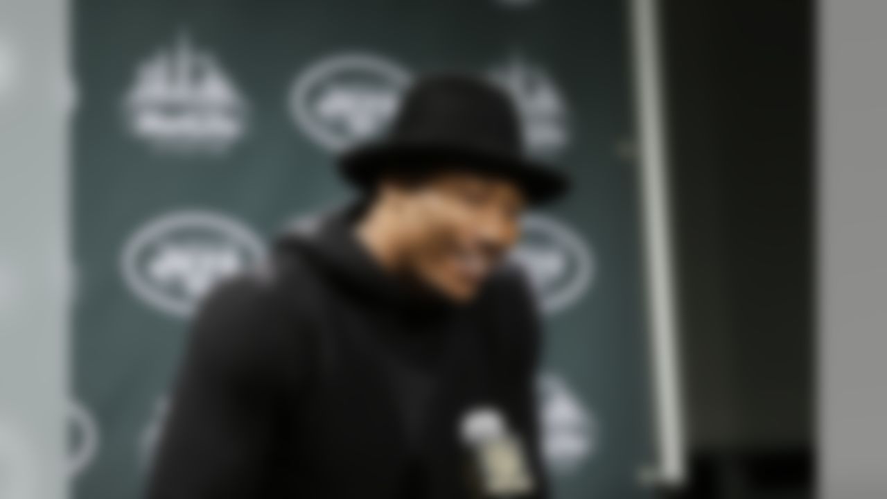 New York Jets wide receiver Brandon Marshall responds to questions during a news conference after an NFL football game against the New England Patriots Sunday, Dec. 27, 2015, in East Rutherford, N.J. The Jets won 26-20. (AP Photo/Seth Wenig)