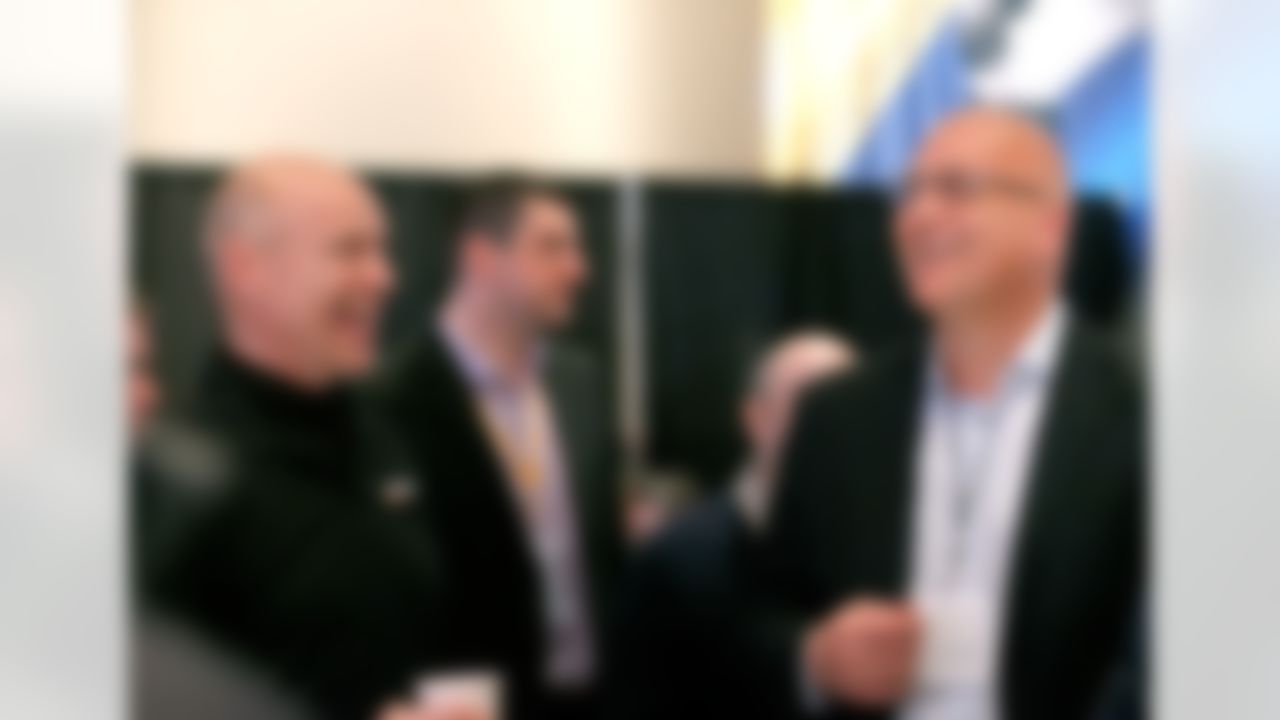Former New York Ranger Mark Messier, left, and former Baltimore Orioles baseball player Cal Ripken, Jr. speak on Radio Row at the Super Bowl XLVIII media center in the Sheraton Hotel on Wednesday, January 29, 2014 in New York, NY. (Perry Knotts/NFL)