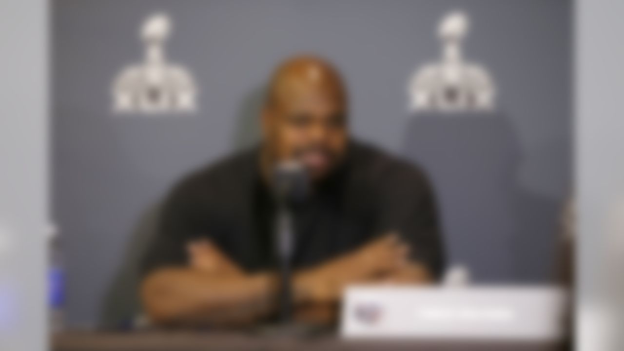 New England Patriots defensive tackle Vince Wilfork (75) answers questions during a press conference for Super Bowl XLIX at the Sheraton Wild Horse Pass Resort on Monday, January 26, 2015 in Chandler, AZ. (Ben Liebenberg/NFL)