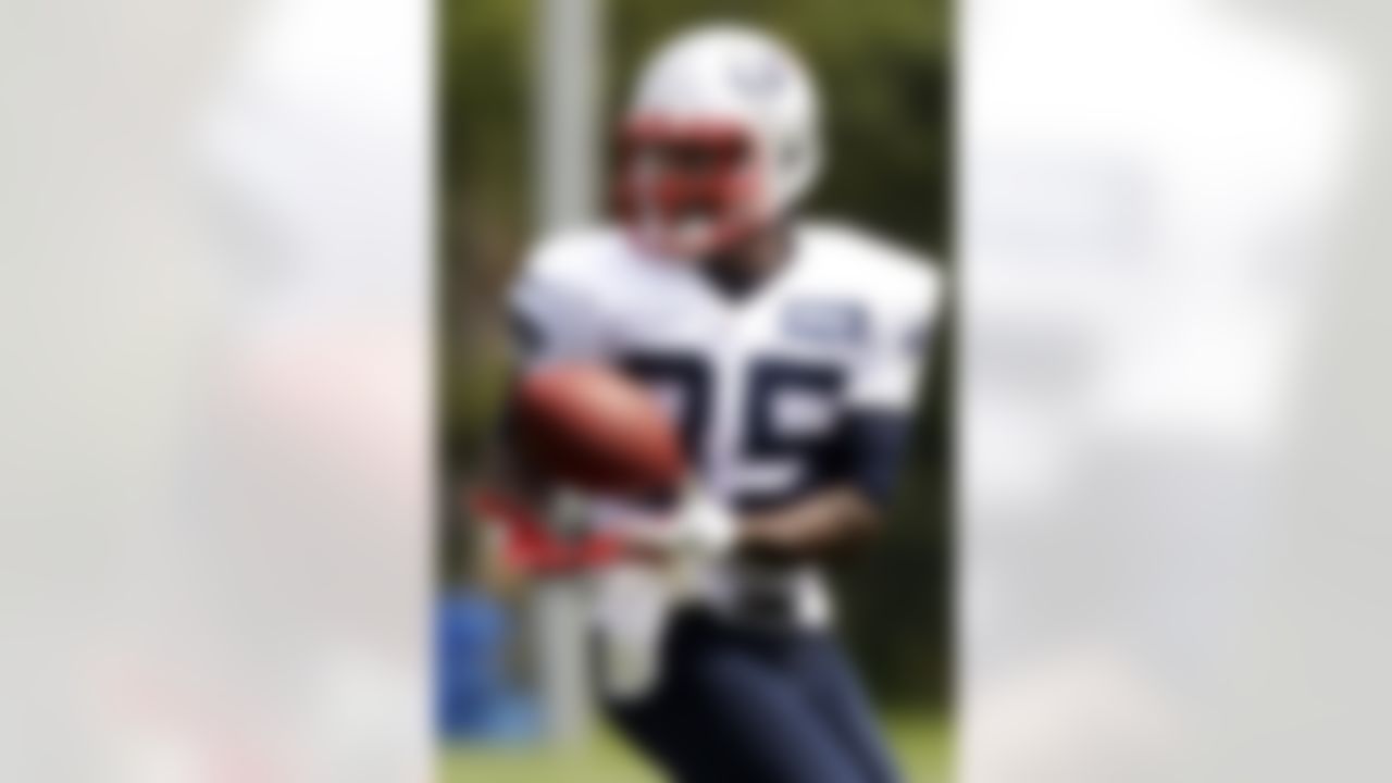 New England Patriotswide receiver Brandon Lloyd (85) pulls in a pass during practice on the first day of training camp at the NFL football team's facility in Foxborough, Mass., Thursday, July 26, 2012. (AP Photo/Stephan Savoia)